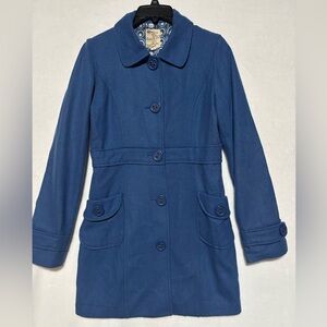Anthropology TULLE Royal Blue Wool Trench Coat Sz medium Jacket Peacoat Lined
